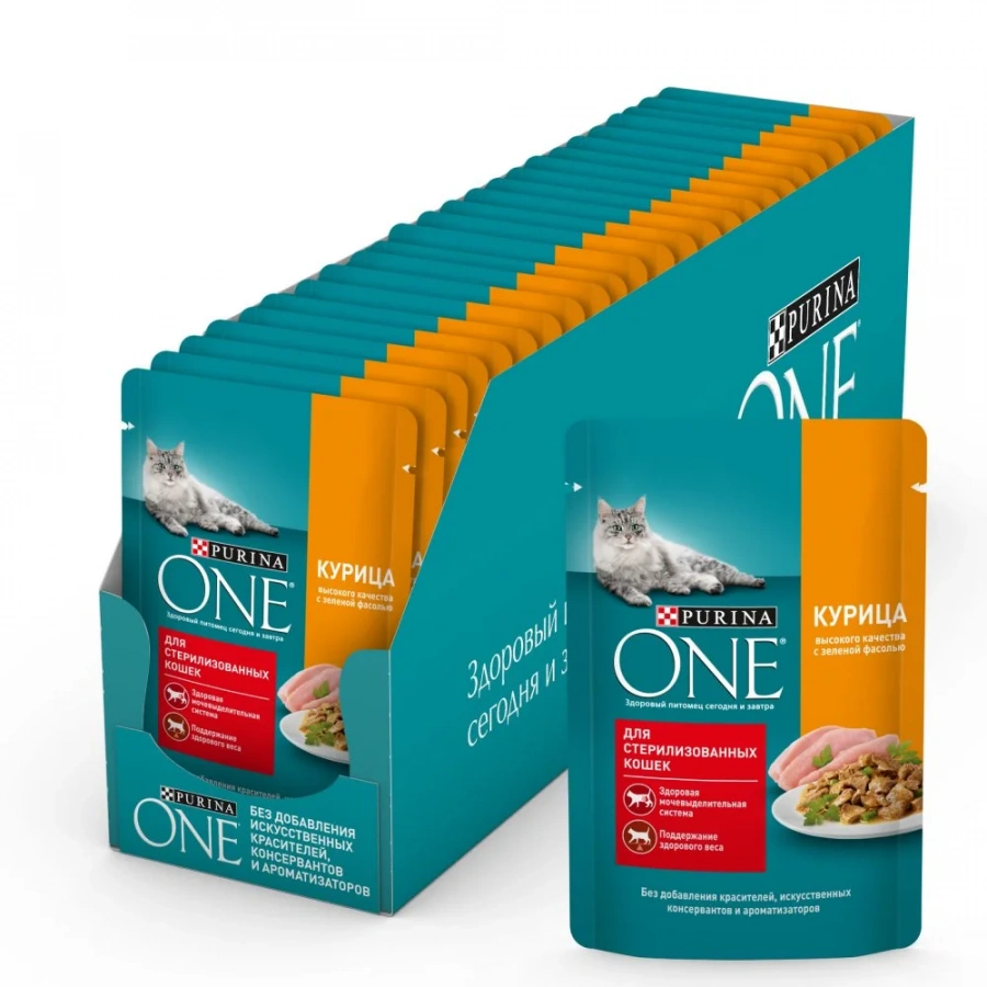 Влажный корм Purina ONE® для стерилизованных кошек, с курицей и зеленой фасолью, Пауч, 75 г