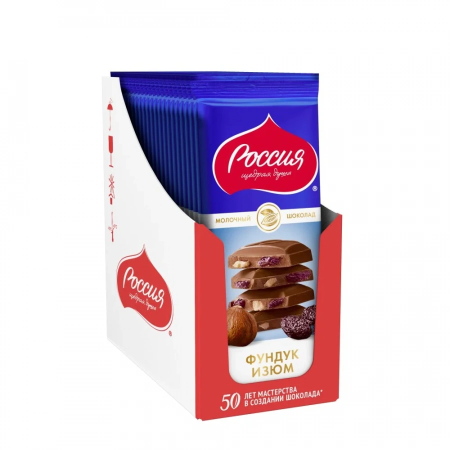 «Россия» - щедрая душа!®. Молочный шоколад с фундуком и изюмом 82г