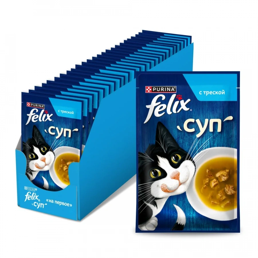 Влажный корм Felix Суп для взрослых кошек, с треской, пауч, 48г