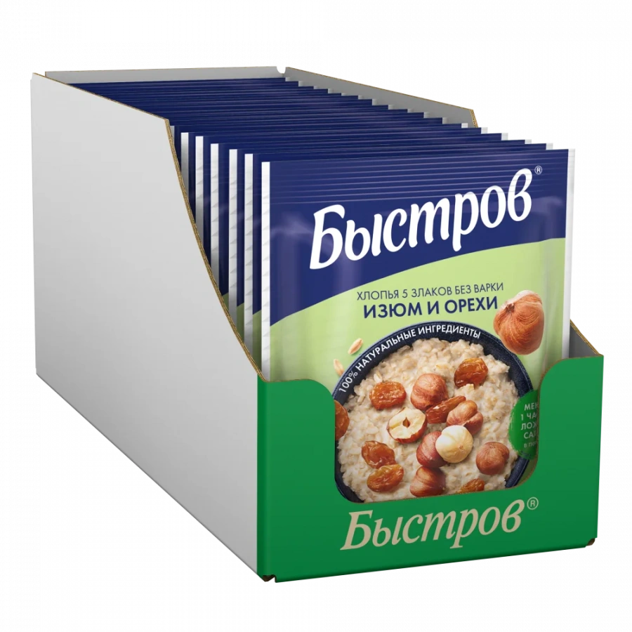 Быстров®. Без варки. Хлопья 5 злаков, не требующие варки, с изюмом и орехами. 40г