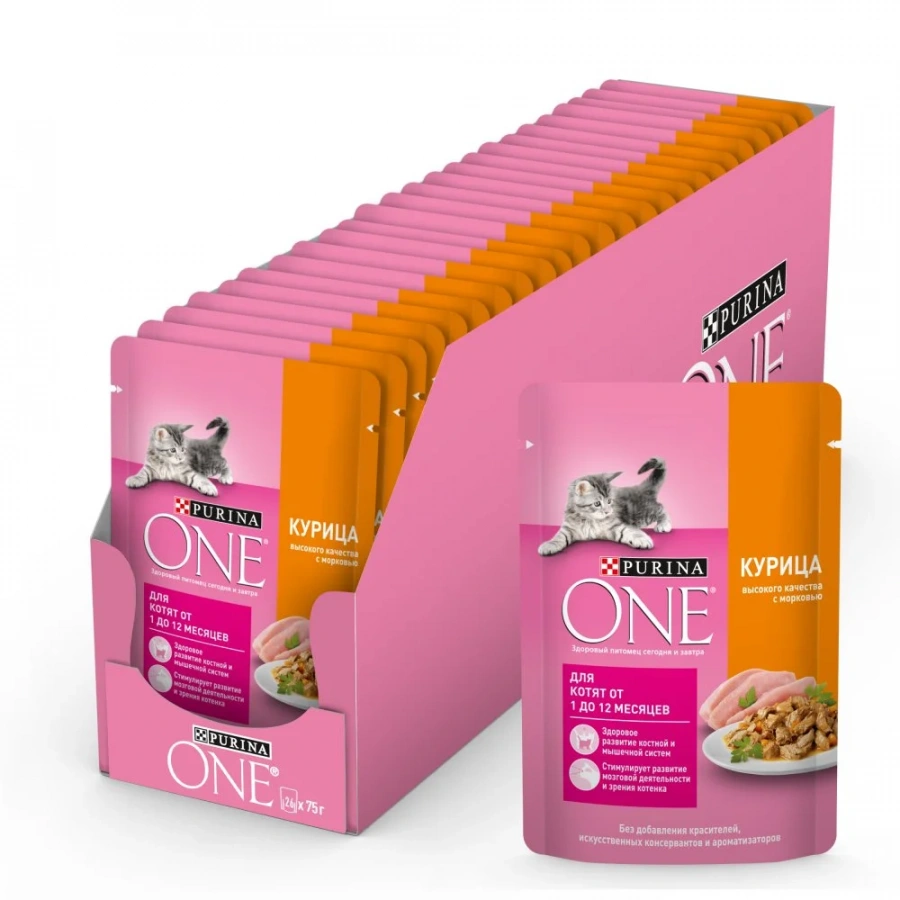 Влажный корм Purina ONE® для котят, с курицей и морковью, Пауч, 75 г