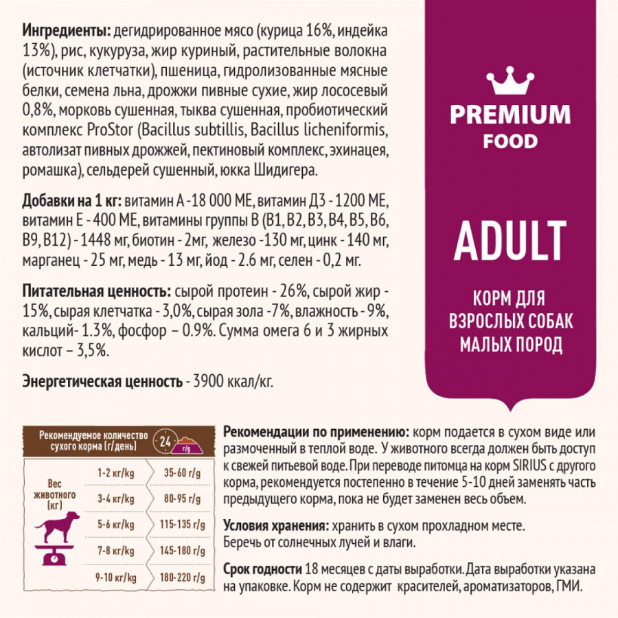 Сухой корм премиум-класса SIRIUS для взрослых собак малых пород, индейка и рис, 2 кг