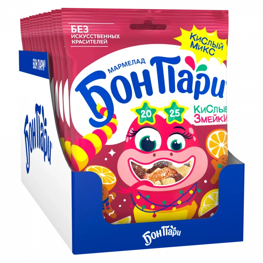 БОН ПАРИ®. КИСЛЫЕ ЗМЕЙКИ. МАРМЕЛАД ЖЕВАТЕЛЬНЫЙ СО ВКУСОМ ФРУКТОВ И ИМБИРНОГО ПРЯНИКА.